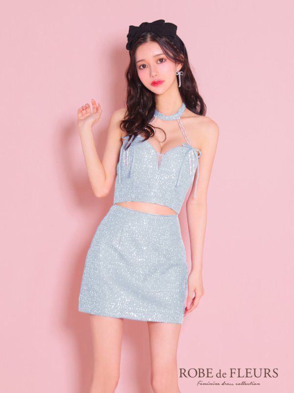 画像14: XSサイズあり【ROBE de FLEURS/ローブドフルール】スパンコール/ ツイード/ リボン/ ホルター/ セットアップ/ タイト/ ミニドレス/ キャバドレス[OF08] (14)