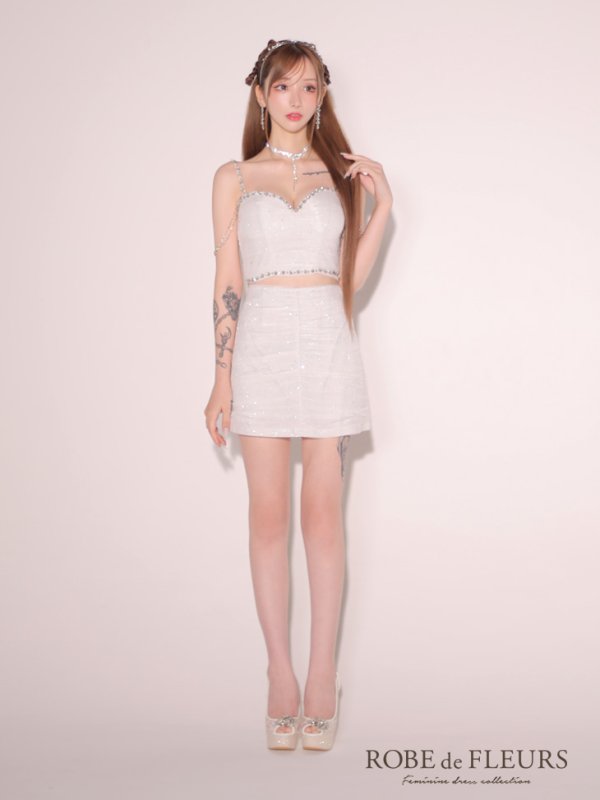 画像17: XSサイズあり【ROBE de FLEURS/ローブドフルール】ビジューチェーン付き/ ラメシフォン/ セットアップ/ ミニドレス/ キャバドレス[OF08] (17)
