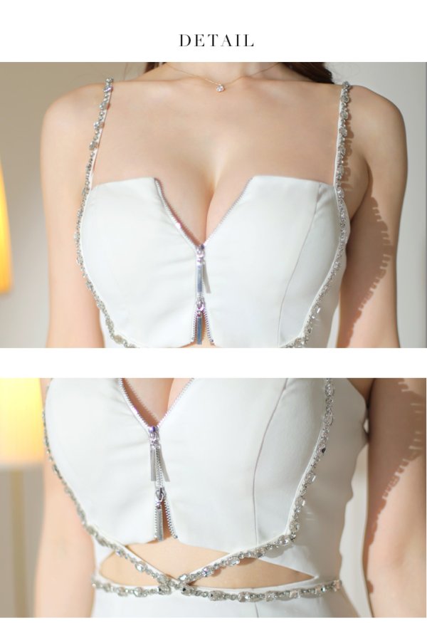 画像35: XSサイズあり【Glossy/グロッシー】クロスビジュー/ フロントジップ/ キャミソール/ ストレッチ/ タイト/ ミニドレス/ キャバドレス[OF2] (35)