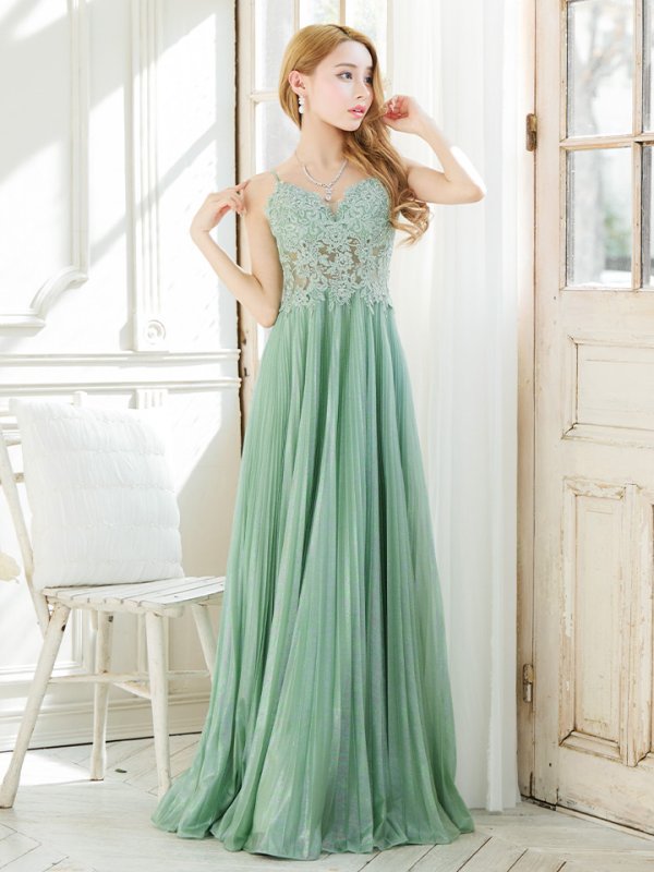 画像2: XS-Lサイズあり【SETTAN/セッタン】ワンカラー/ キャミソール/ 刺繍/ シアー/ ラメ/ プリーツ/ Aライン/ ロングドレス / キャバドレス long[OF2] (2)