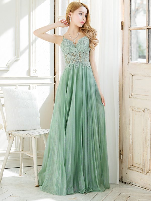 画像4: XS-Lサイズあり【SETTAN/セッタン】ワンカラー/ キャミソール/ 刺繍/ シアー/ ラメ/ プリーツ/ Aライン/ ロングドレス / キャバドレス long[OF2] (4)