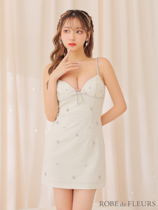 画像9: XSサイズあり【ROBE de FLEURS/ローブドフルール】 ツイード/ リボン/ ビジュー/ キャミソール/ タイト/ ミニドレス/ キャバドレス[OF08] (9)