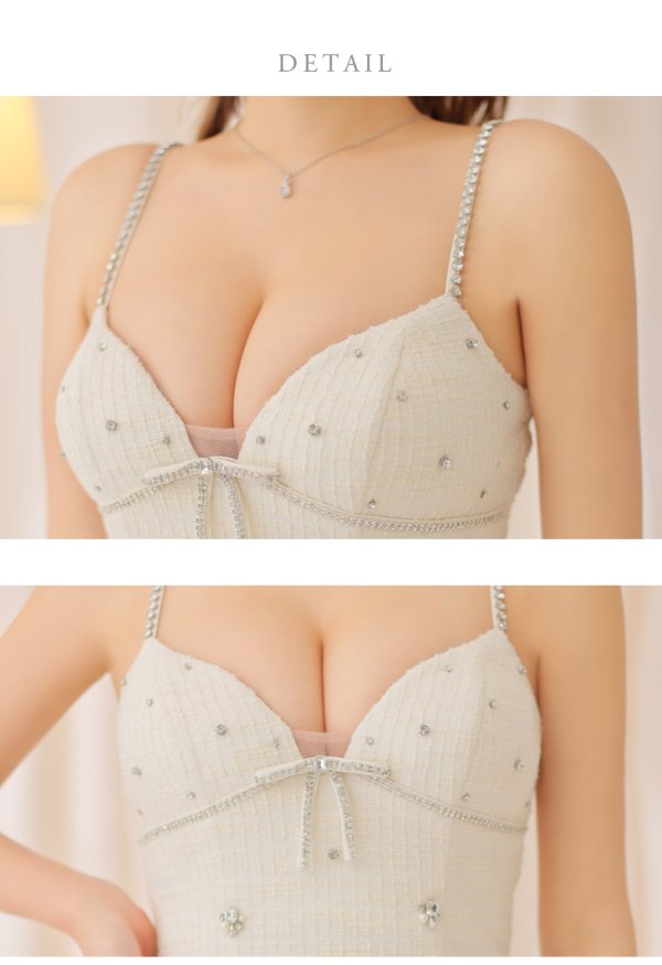 画像10: XSサイズあり【ROBE de FLEURS/ローブドフルール】 ツイード/ リボン/ ビジュー/ キャミソール/ タイト/ ミニドレス/ キャバドレス[OF08] (10)