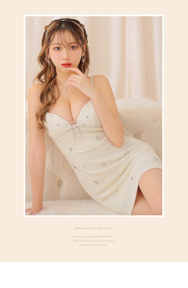 画像13: XSサイズあり【ROBE de FLEURS/ローブドフルール】 ツイード/ リボン/ ビジュー/ キャミソール/ タイト/ ミニドレス/ キャバドレス[OF08] (13)