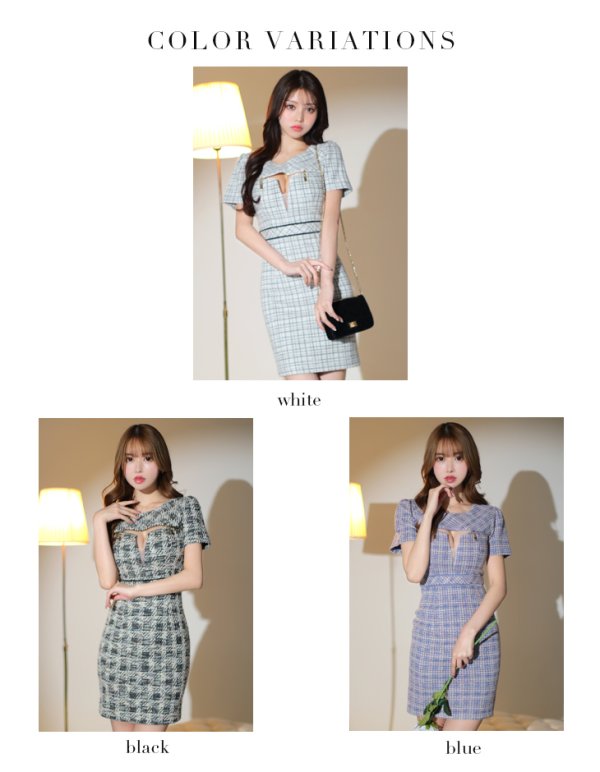 画像15: XS-Lサイズあり【Glossy/グロッシー】袖付き/ ツイードニット/ フロントジッパー/ タイト/ ミニドレス/ キャバドレス[OF08] (15)