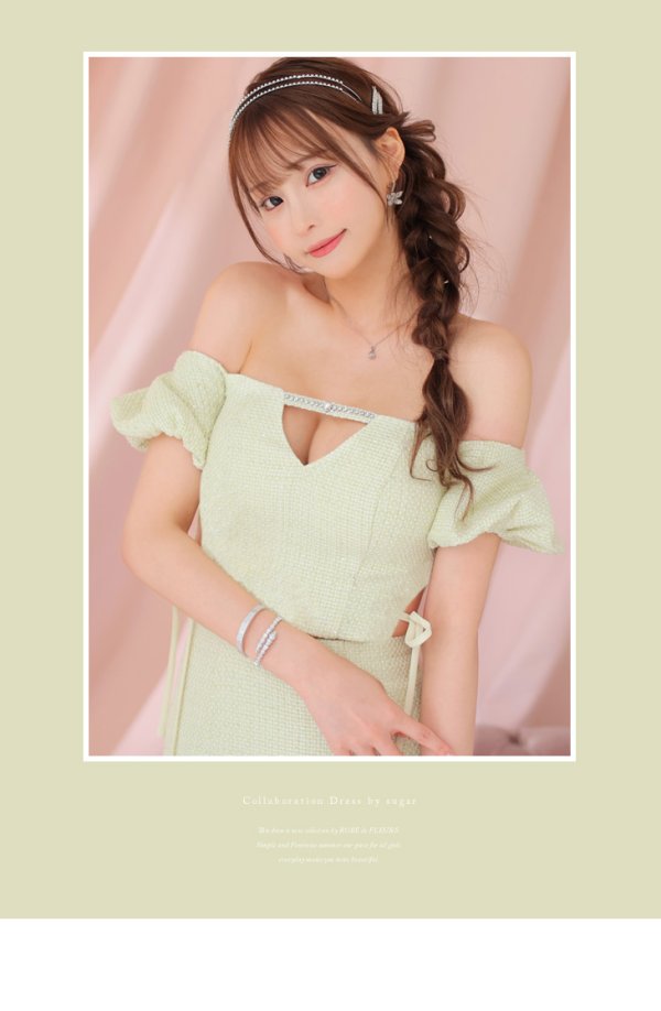 画像6: XSサイズあり【ROBE de FLEURS/ローブドフルール】 セットアップ/ オフショル/ ビジュー/ ウエストリボン/ パフスリーブ/ ツイード/ タイト/ ミニドレス/ キャバドレス[OF2] (6)