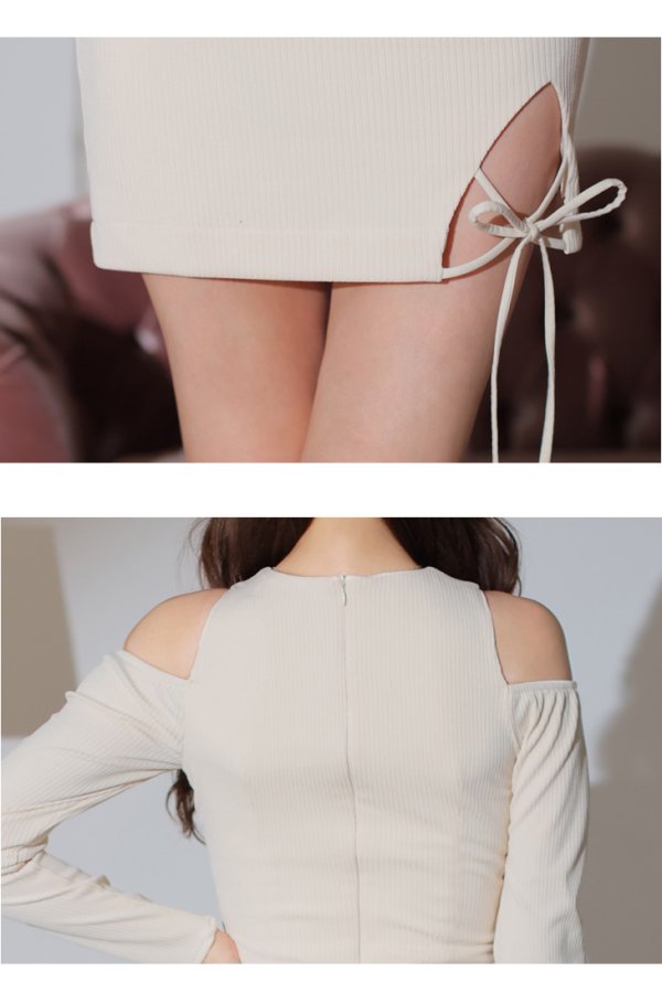 画像27: 【Glossy/グロッシー】 裾リボン/ バストカット/ オフショル/ ニット/ フロントジップ/ ロングスリーブ/ 袖あり/ ワンカラー/ ストレッチ/ タイト/ ミニドレス/ キャバドレス[OF08] (27)