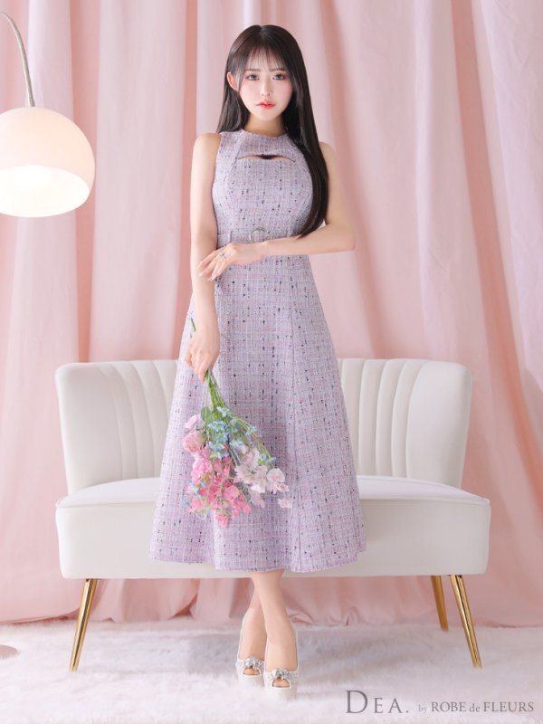 画像5: Lサイズあり【DEA./ディア】ノースリーブ/ バストカット/ ツイード/ フレア/ ミモレ丈/ ミディアムドレス/ キャバドレス[OF08] (5)