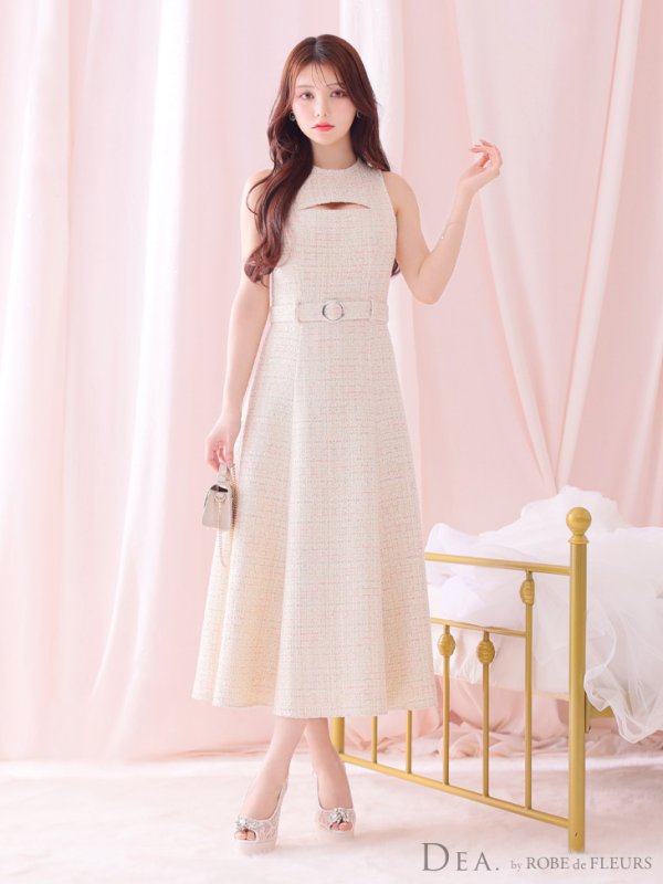 画像6: Lサイズあり【DEA./ディア】ノースリーブ/ バストカット/ ツイード/ フレア/ ミモレ丈/ ミディアムドレス/ キャバドレス[OF08] (6)