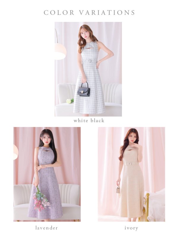 画像14: Lサイズあり【DEA./ディア】ノースリーブ/ バストカット/ ツイード/ フレア/ ミモレ丈/ ミディアムドレス/ キャバドレス[OF08] (14)