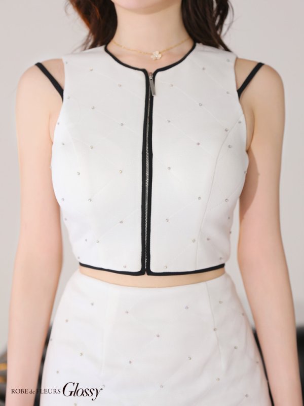 画像23: XSサイズあり【Glossy/グロッシー】ノースリーブ/ シンプル/ パイピング/ ビジュー/ セットアップ/ ミニドレス/ キャバドレス[OF08] (23)