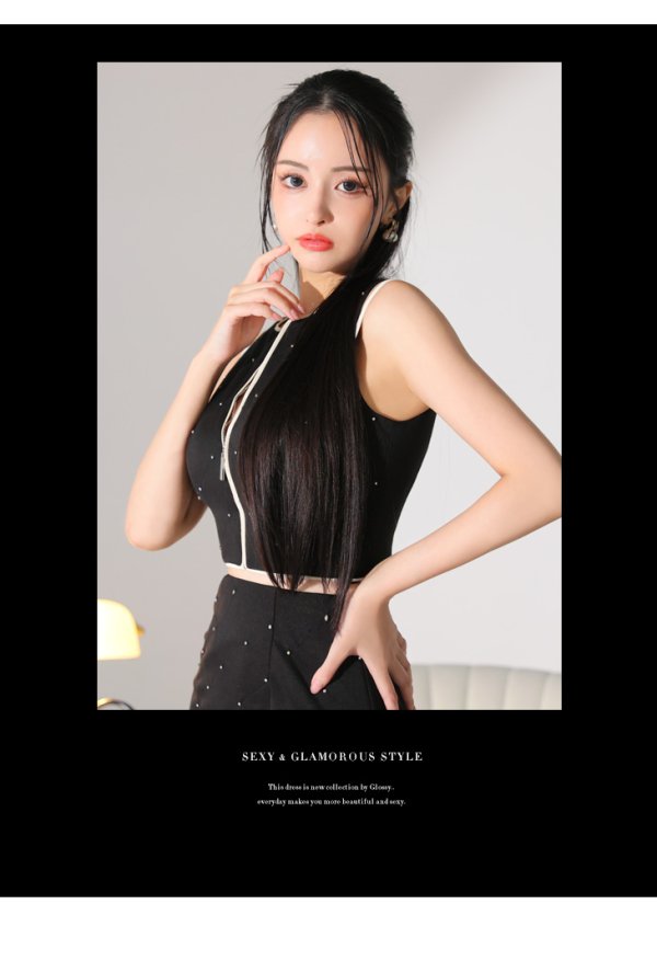 画像22: XSサイズあり【Glossy/グロッシー】ノースリーブ/ シンプル/ パイピング/ ビジュー/ セットアップ/ ミニドレス/ キャバドレス[OF08] (22)