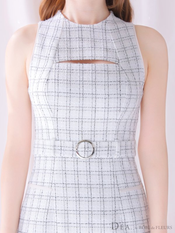 画像7: Lサイズあり【DEA./ディア】バストカット/ シンプル/ ツイード/ ベルト/ タイト/ 膝丈/ ミディアムドレス/ キャバドレス[OF08] (7)