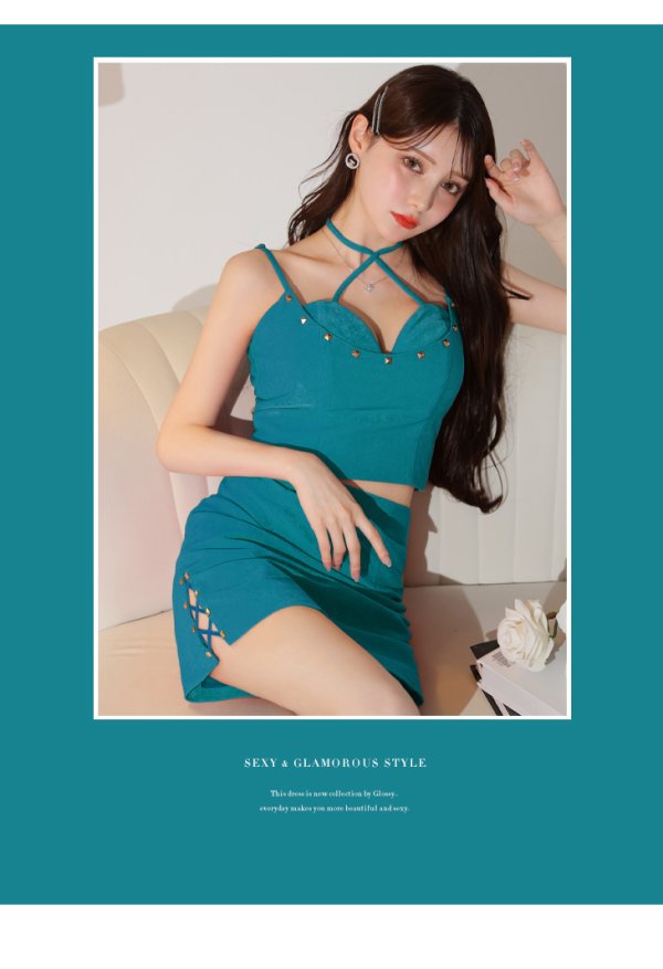画像8: XSサイズあり【Glossy/グロッシー】スエード/ フロントクロス/ スタッズ/ タイト/ セットアップ/ ミニドレス/ キャバドレス[OF2] (8)