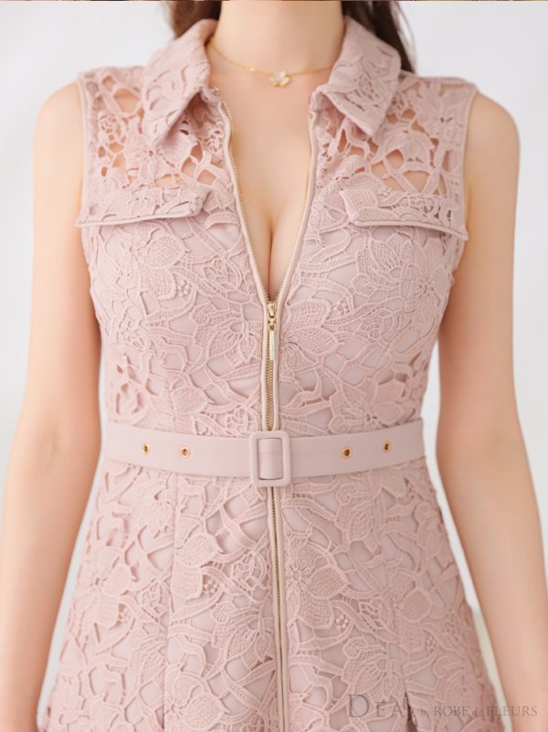 画像7: Lサイズあり【DEA./ディア】ナチュラルレース/ バストジップ/ ベルト/ プリーツ/ フレア/ ミニドレス/ キャバドレス[OF08] (7)