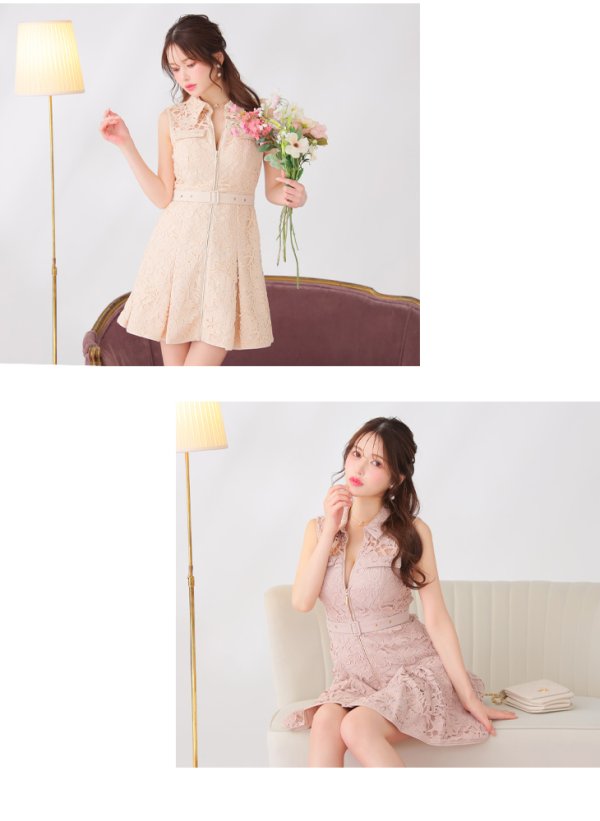 画像10: Lサイズあり【DEA./ディア】ナチュラルレース/ バストジップ/ ベルト/ プリーツ/ フレア/ ミニドレス/ キャバドレス[OF08] (10)