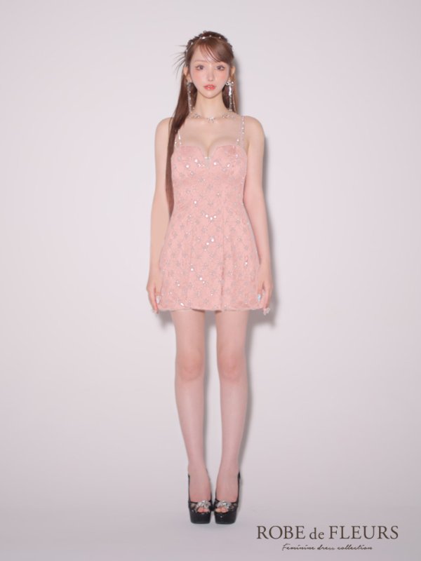 画像12: XSサイズあり【ROBE de FLEURS/ローブドフルール】バストカット/ ビジュー/ スパンコール/ サテン/ キャミソール/ フレア/ ミニドレス/ キャバドレス[OF2] (12)