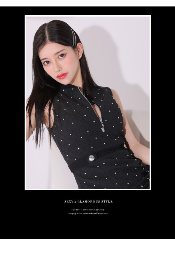 画像26: XSサイズあり【Glossy/グロッシー】フロントジッパー/ ビジュー/ リブ/ ノースリーブ/ タイト/ ミニドレス/ キャバドレス[OF08] (26)