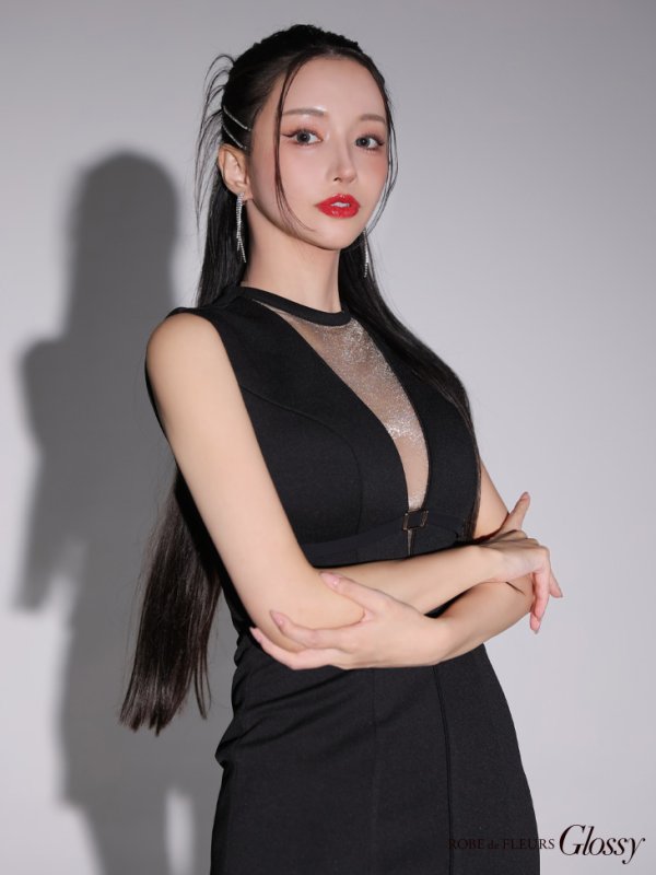 画像6: XSサイズあり【Glossy/グロッシー】デコルテシースルー/ ベルトデザイン/ シンプル/ タイト/ ミニドレス/ キャバドレス[OF08] (6)
