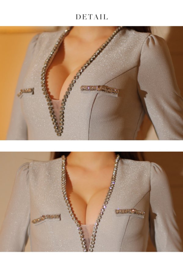 画像17: Lサイズあり【Glossy/グロッシー】Vネック/ ロングスリーブ/ ラメニット/ タイト/ ミニドレス/ キャバドレス[OF08] (17)