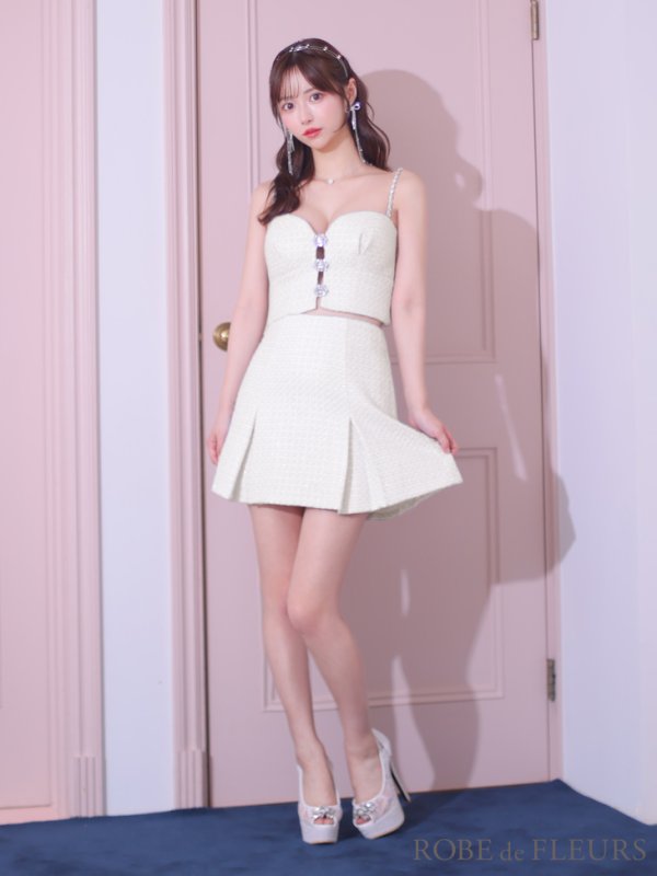 画像4: XSサイズあり【ROBE de FLEURS/ローブドフルール】フロントビジュー/ チェックツイード/ キャミソール/ セットアップ/ フレア/ ミニドレス/ キャバドレス[OF08] (4)