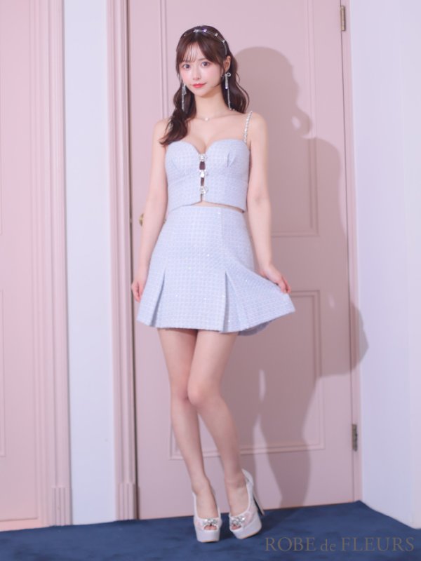 画像5: XSサイズあり【ROBE de FLEURS/ローブドフルール】フロントビジュー/ チェックツイード/ キャミソール/ セットアップ/ フレア/ ミニドレス/ キャバドレス[OF08] (5)