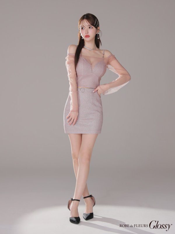 画像4: XSサイズあり【Glossy/グロッシー】チュールスリーブ/ ラメ/ セットアップ/ ミニドレス/ キャバドレス[OF2] (4)