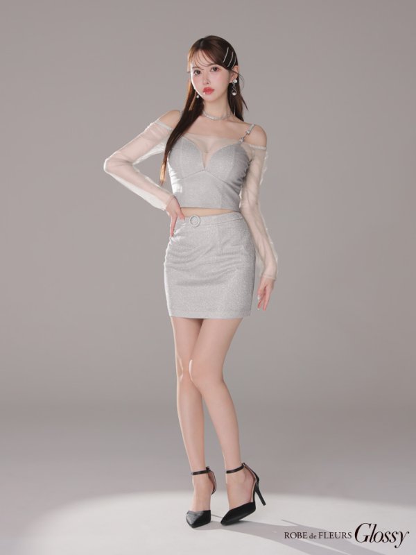 画像9: XSサイズあり【Glossy/グロッシー】チュールスリーブ/ ラメ/ セットアップ/ ミニドレス/ キャバドレス[OF2] (9)
