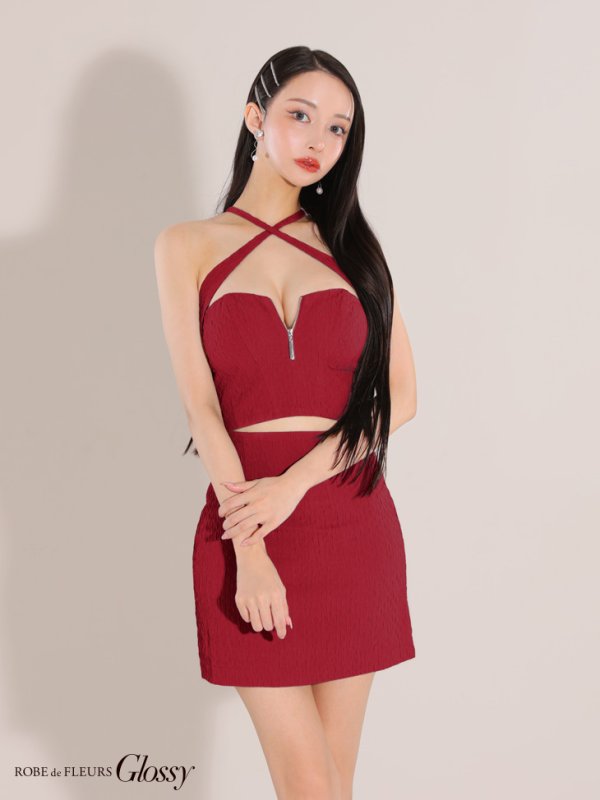 画像12: XSサイズあり【Glossy/グロッシー】クロスホルターネック/ バストジップ/ シンプル/ セットアップ/ タイト/ ミニドレス/ キャバドレス[OF2] (12)