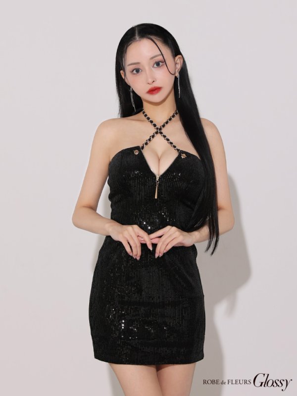 画像10: XSサイズあり【Glossy/グロッシー】クロスストラップ/ スパンコール/ タイト/ ミニドレス/ キャバドレス[OF08] (10)