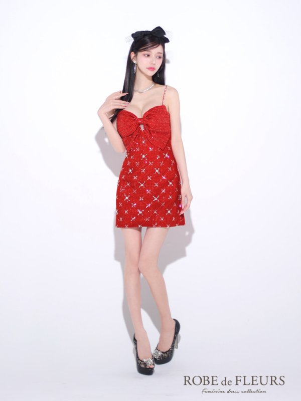 画像35: XSサイズあり【ROBE de FLEURS/ローブドフルール】ビッグリボン/ スパンコール/ ツイード/ キャミソール/ タイト/ ミニドレス/ キャバドレス[OF08] (35)