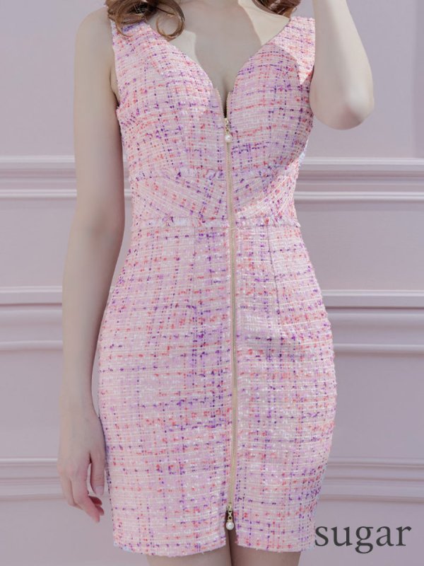 画像7: 【IRMA/イルマ】MIXツイード/ フロントジップ/ ノースリーブ/ Vネック/ タイト/ ミニドレス/ キャバドレス【HC02】 (7)