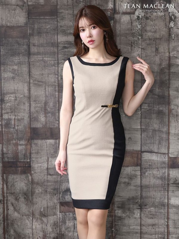 画像2: Lサイズあり【JEAN MACLEAN/ジャンマクレーン】バイカラー/ ノースリーブ/ 縦ライン切り替え/ 膝丈/ タイト/ ミディアムドレス/ キャバドレス【HC02】 (2)