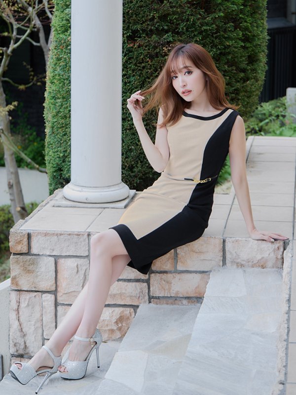 画像2: Lサイズあり【JEAN MACLEAN/ジャンマクレーン】バイカラー/ ノースリーブ/ 縦ライン切り替え/ 膝丈/ タイト/ ミディアムドレス/ キャバドレス【HC02】 (2)