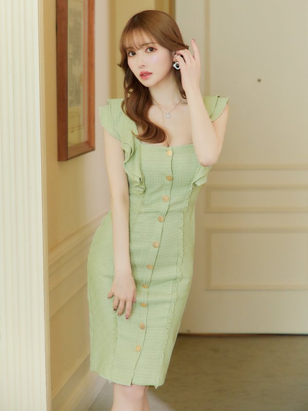 画像8: Lサイズあり【JEAN MACLEAN/ジャンマクレーン】フリルショルダー/ ボタンデザイン/ 膝丈/ タイト/ ミディアムドレス/ キャバドレス【HC02】 (8)