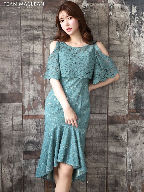 画像4: Lサイズあり【JEAN MACLEAN/ジャンマクレーン】総レース/ ワンピース/ フリル/ ワンカラー/ テールカット/ マーメイド/ ひざ丈/ ミディアムドレス/キャバドレス【HC02】 (4)