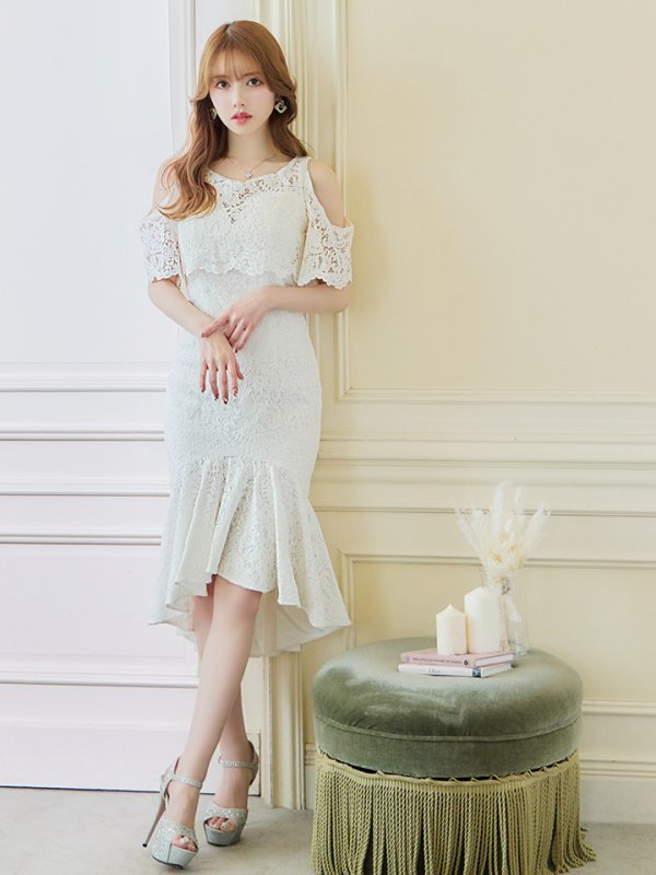 画像9: Lサイズあり【JEAN MACLEAN/ジャンマクレーン】総レース/ ワンピース/ フリル/ ワンカラー/ テールカット/ マーメイド/ ひざ丈/ ミディアムドレス/キャバドレス【HC02】 (9)