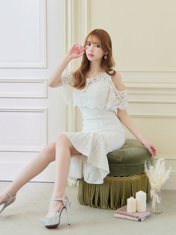 画像10: Lサイズあり【JEAN MACLEAN/ジャンマクレーン】総レース/ ワンピース/ フリル/ ワンカラー/ テールカット/ マーメイド/ ひざ丈/ ミディアムドレス/キャバドレス【HC02】 (10)