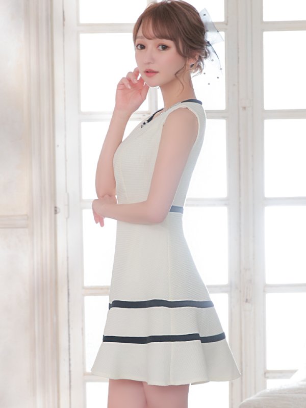 画像4: 【IRMA/イルマ】バイカラー/ デコルテビジュー/ カットアウト/ ノースリーブ/ ジャガード/ フレア/ ミニドレス/ キャバドレス【HC02】 (4)