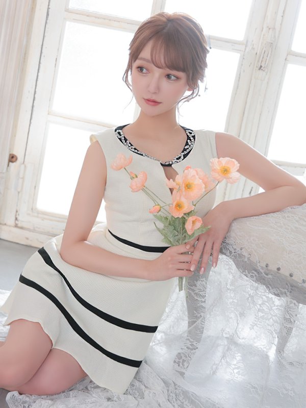 画像6: 【IRMA/イルマ】バイカラー/ デコルテビジュー/ カットアウト/ ノースリーブ/ ジャガード/ フレア/ ミニドレス/ キャバドレス【HC02】 (6)