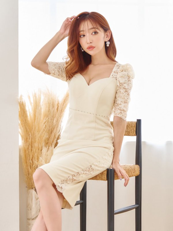 画像13: Lサイズあり【JEAN MACLEAN/ジャンマクレーン】レース/ 半袖/ 袖あり/ パフスリーブ/ ウエストビジュー/ 切り替え/ タイト/ 膝丈/ ミディアムドレス/ キャバドレス【HC02】 (13)