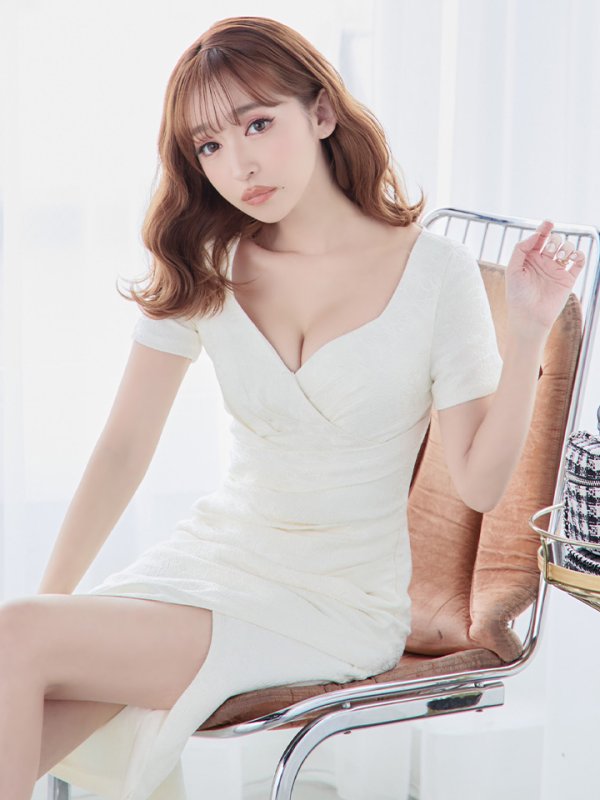 画像12: Lサイズあり【JEAN MACLEAN/ジャンマクレーン】ジャガード/ 花柄/ ワンカラー/ 半袖/ 袖あり/ タック/ タイト/ ひざ丈/ ミディアムドレス/キャバドレス【HC02】 (12)