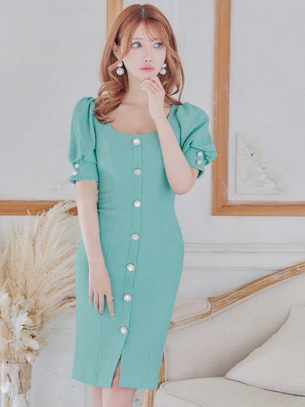 画像5: Lサイズあり【JEAN MACLEAN/ジャンマクレーン】ストレッチジャガード/ 半袖/ 袖あり/ パフスリーブ/ ボタン/ ワンカラー/ タイト/ 膝丈/ ミディアムドレス/ キャバドレス【HC02】 (5)