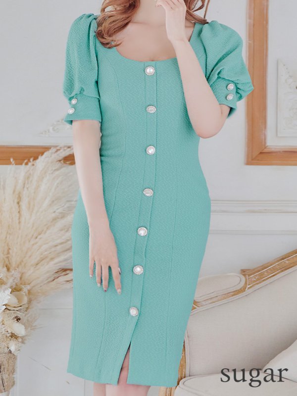 画像8: Lサイズあり【JEAN MACLEAN/ジャンマクレーン】ストレッチジャガード/ 半袖/ 袖あり/ パフスリーブ/ ボタン/ ワンカラー/ タイト/ 膝丈/ ミディアムドレス/ キャバドレス【HC02】 (8)