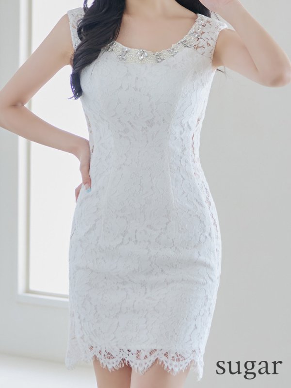 画像8: XSサイズあり【IRMA/イルマ】総レース/ ビジュー/ パール/ ノースリーブ/ スリット/ タイト/ ミニドレス/ キャバドレス【HC02】 (8)