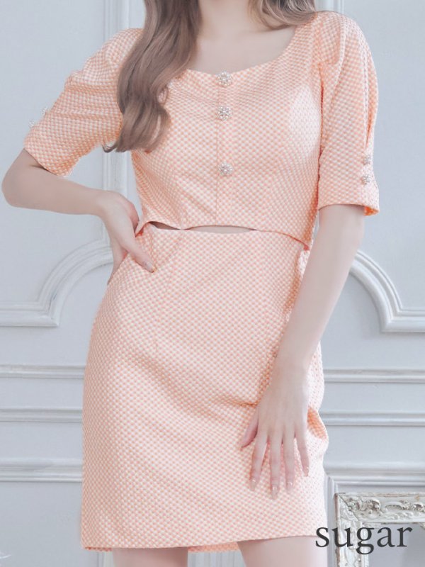 画像15: XS-Lサイズあり【IRMA/イルマ】ギンガムチェック/ チェック柄ニット/ ストレッチ/ パールボタン/ カットアウト/ 半袖/ 袖あり/ パフスリーブ/ タイト/ ミニドレス/ キャバドレス【HC02】 (15)