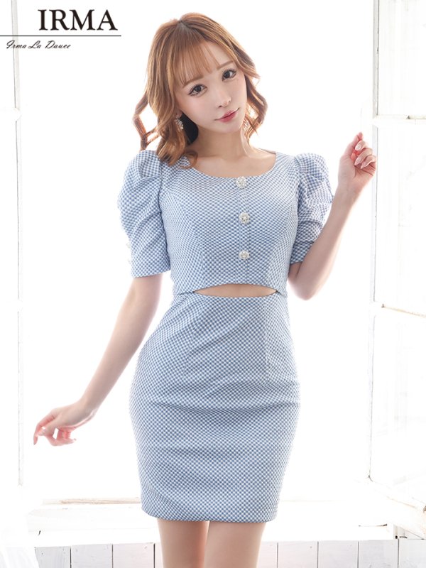 画像5: XS-Lサイズあり【IRMA/イルマ】ギンガムチェック/ チェック柄ニット/ ストレッチ/ パールボタン/ カットアウト/ 半袖/ 袖あり/ パフスリーブ/ タイト/ ミニドレス/ キャバドレス【HC02】 (5)