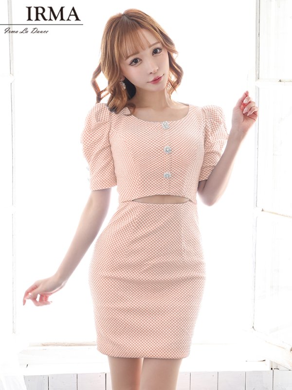 画像18: XS-Lサイズあり【IRMA/イルマ】ギンガムチェック/ チェック柄ニット/ ストレッチ/ パールボタン/ カットアウト/ 半袖/ 袖あり/ パフスリーブ/ タイト/ ミニドレス/ キャバドレス【HC02】 (18)