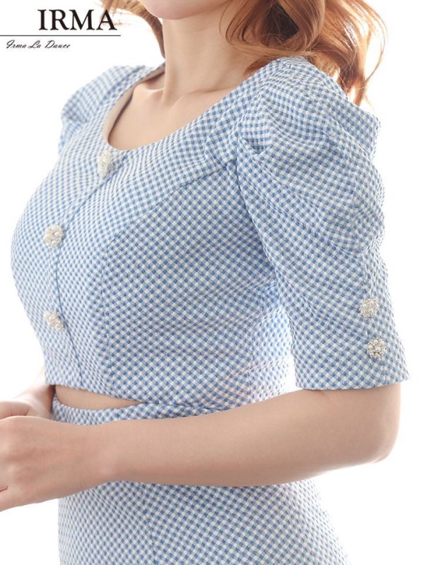 画像6: XS-Lサイズあり【IRMA/イルマ】ギンガムチェック/ チェック柄ニット/ ストレッチ/ パールボタン/ カットアウト/ 半袖/ 袖あり/ パフスリーブ/ タイト/ ミニドレス/ キャバドレス【HC02】 (6)