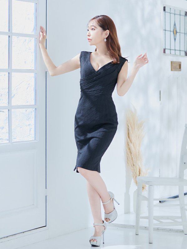 画像8: Lサイズあり【JEAN MACLEAN/ジャンマクレーン】シンプル/ ワンカラー/ ストレッチ/ ダイヤ柄/ タック/ ノースリーブ/ タイト/ 膝丈/ ミディアムドレス/ キャバドレス【HC02】 (8)